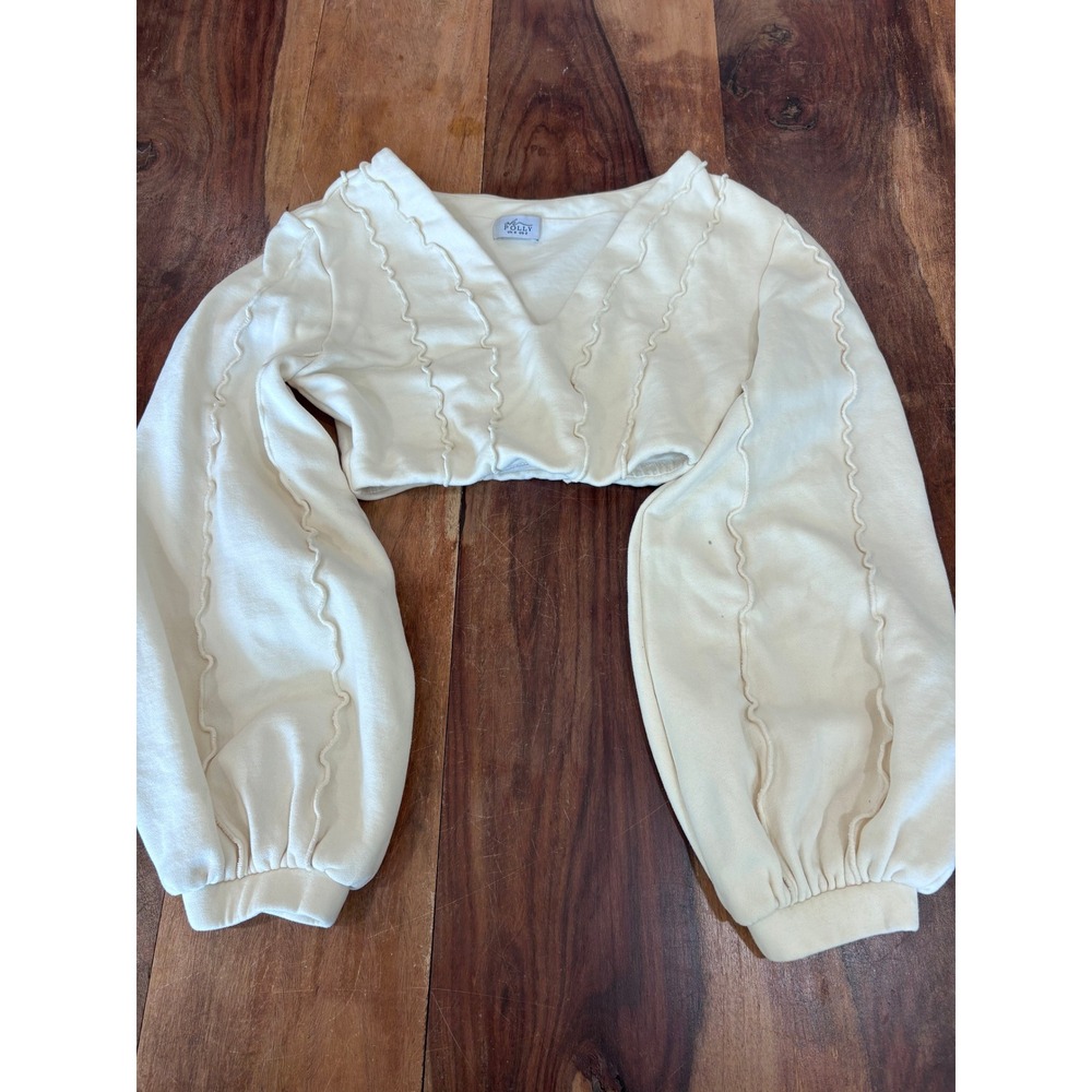 Oh Polly cropped sweatshirt women size 2 cream balloon sleeve lettuce edge seam